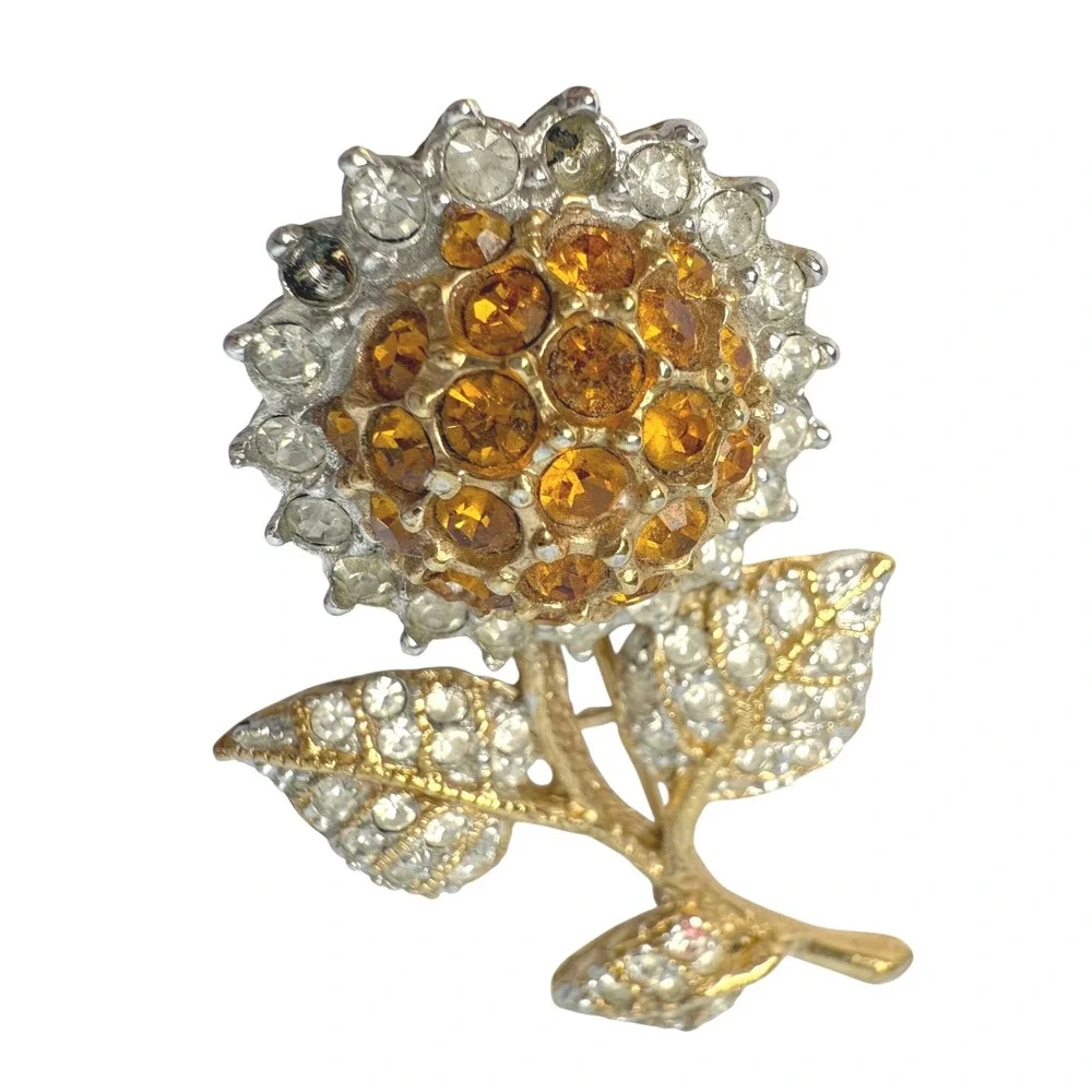 Vintage Estate Gold Tone Rhinestone Flower Brooch & Leaf Pendant Costume Jewelry
